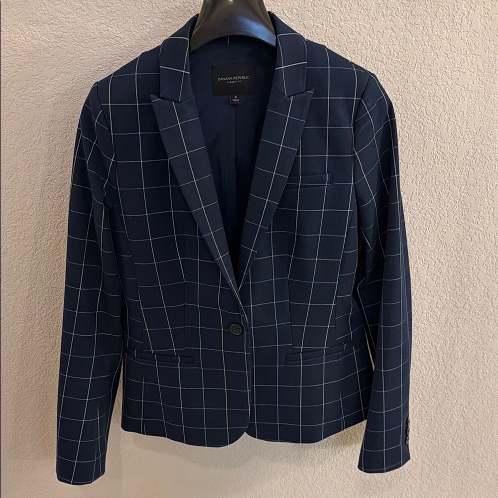 Banana Republic Navy Windowpane Single-Button Blazer